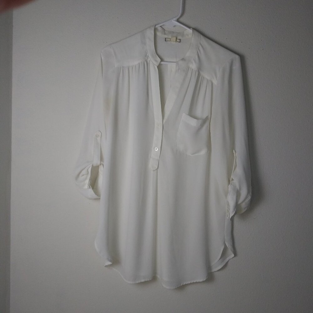 Pleione Nordstrom White Tunic Blouse Career Office Silky Size S EUC